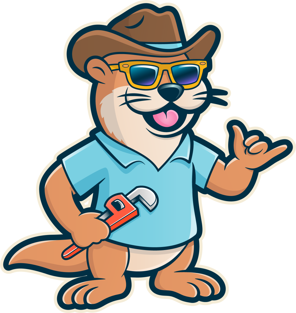 Local Legend Plumbing mascot . A friendly otter plumber wearing a cowboy hat and holding a pipe wrench